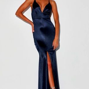 Navy Blue Satin Formal Dress
